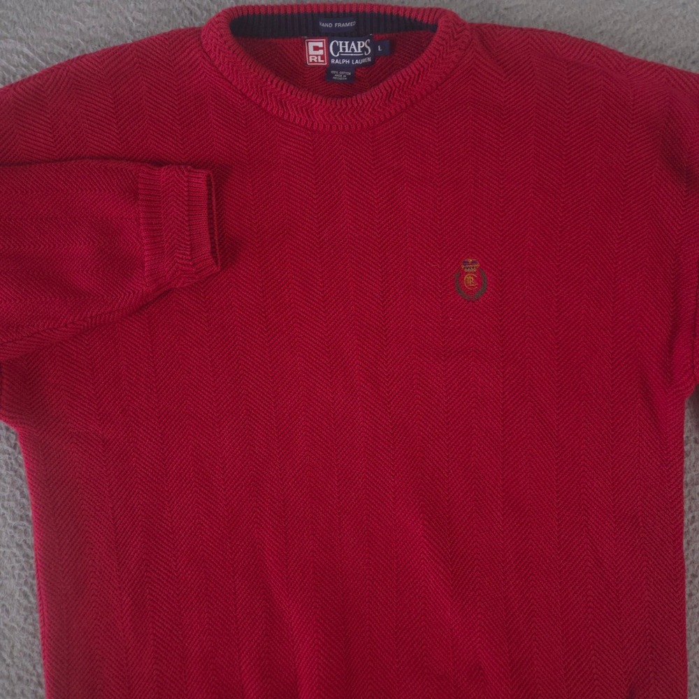 VINTAGE Chaps Ralph Lauren Sweater Mens L Red Herringbone Cotton Crest Logo 90s